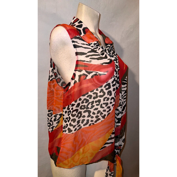 CHICO'S Top Size XL (3) Red Sheer Animal Print Button Shirt w/Strap Tie Hem - Picture 3 of 6